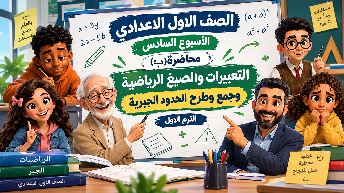 الأسبوع السادس المحاضرة ( ب ) 1ع الترم الأول 2027 (التعبيرات و الصيغ الرياضية + جمع و طرح المقادير الجبرية)