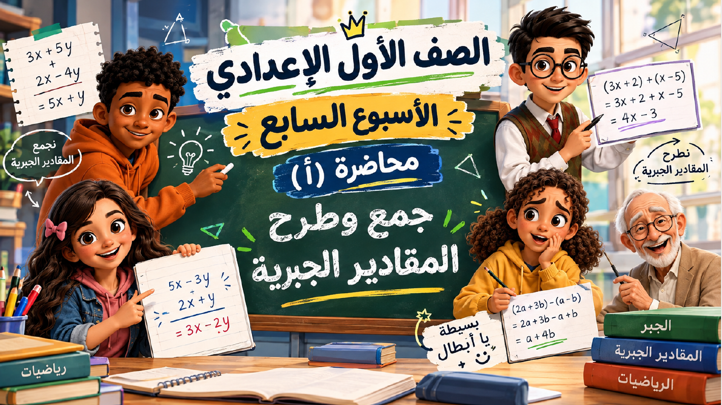 الأسبوع السابع المحاضرة ( أ ) 1ع الترم الأول 2027 ( جمع وطرح المقادير الجبرية )